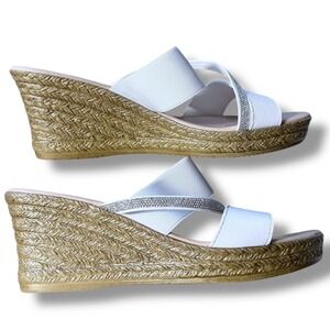 Mariella Made in Italy White Wedge Espadrille Sandals Rhinestone Embellished  9